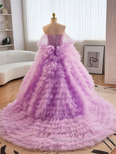 Purple Ball Gown Tulle Off The Shoulder Tiers Semi Formal Prom Dress